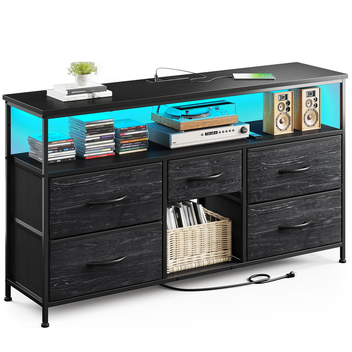 TV Stand with LED Lights & Power Outlets, Entertainment Center for 50" Inch TV, 5 Drawers TV Stand for Bedroom Dresser with Shelves for Living Room, Sturdy Metal Frame, Black EnHomee