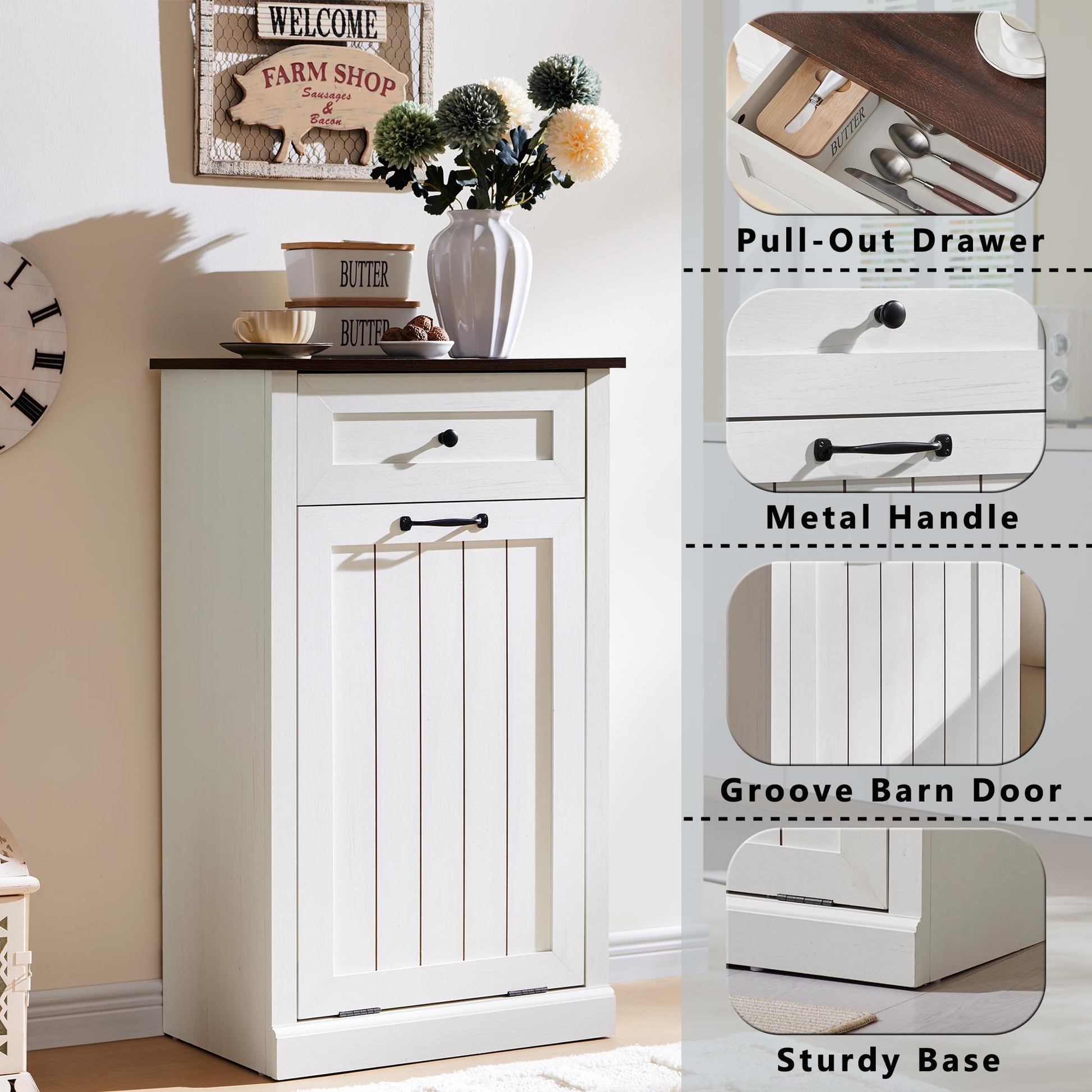 IFGET Tilt Out Trash Can Cabinet, Hidden Wooden Trash Can Cabinet, Farmhouse Laundry Hamper Cabinet, Trash Garbage Can Bin Cabinet with Storage Basket for Kitchen, Living Room (White) - WoodArtSupply