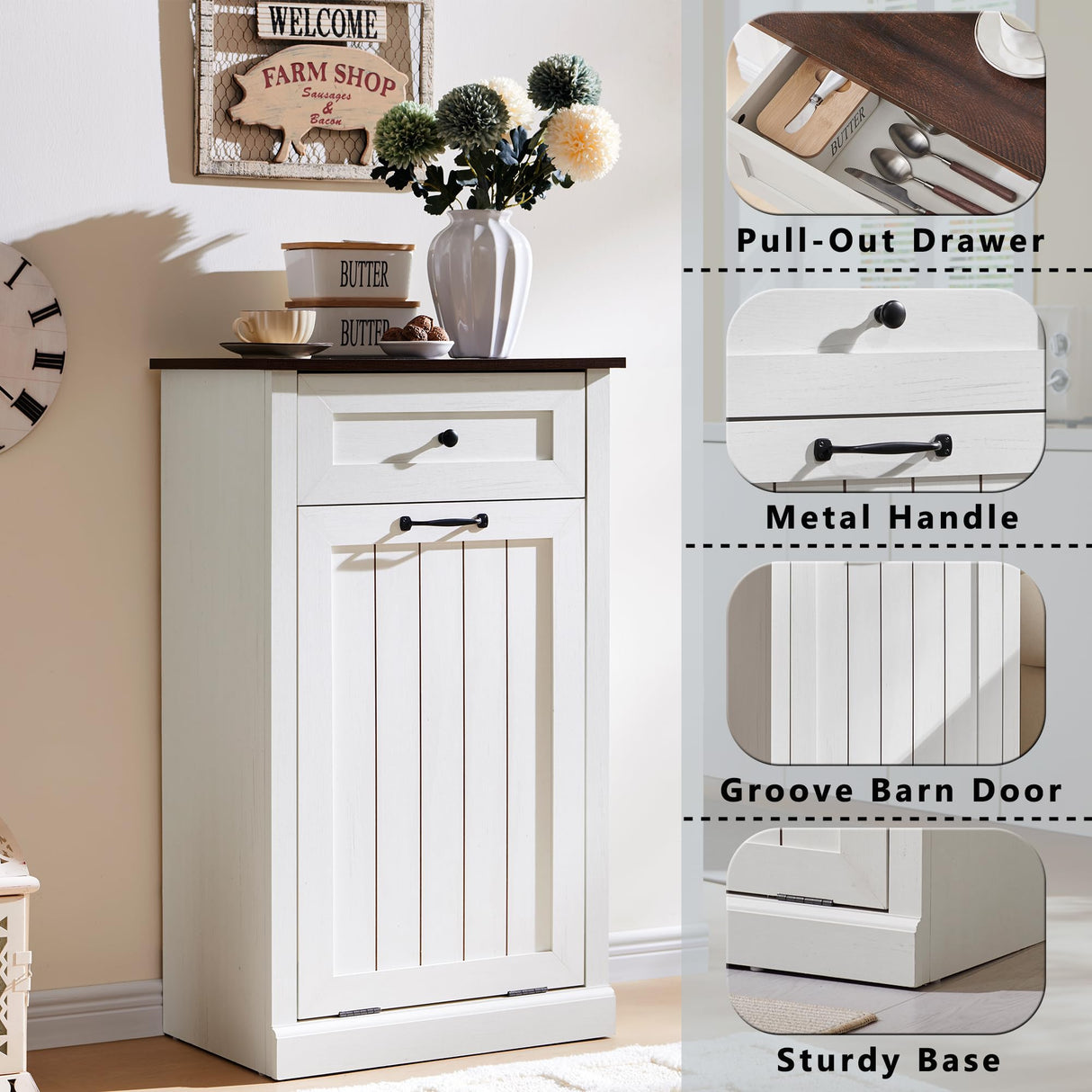 IFGET Tilt Out Trash Can Cabinet, Hidden Wooden Trash Can Cabinet, Farmhouse Laundry Hamper Cabinet, Trash Garbage Can Bin Cabinet with Storage Basket for Kitchen, Living Room (Antique White) IFGET