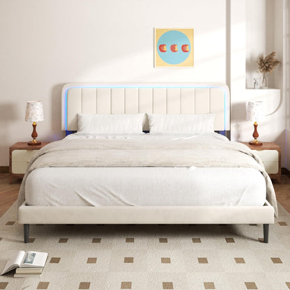 CXVX Adjustable Velvet Platform King Size Bed with LED Lights, Charging Station & Wooden Slats, Upholstered Bed Frame with Headboard, Noise-Free Mattress Foundation, No Box Spring Required