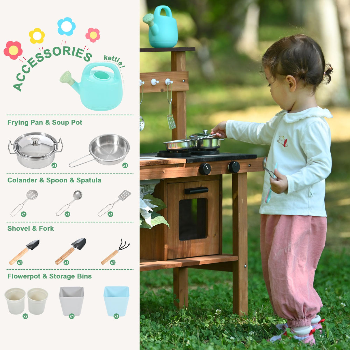 OLLIKIVI Mud Kitchen for Kids Outdoor,Wooden Play Kitchen with Removable Sink, Faucet,Storage Shelves, Backyard Garden Toddler Kitchen Playest, Kitchenware, Stove, Gift for Boys and Girls OLLIKIVI