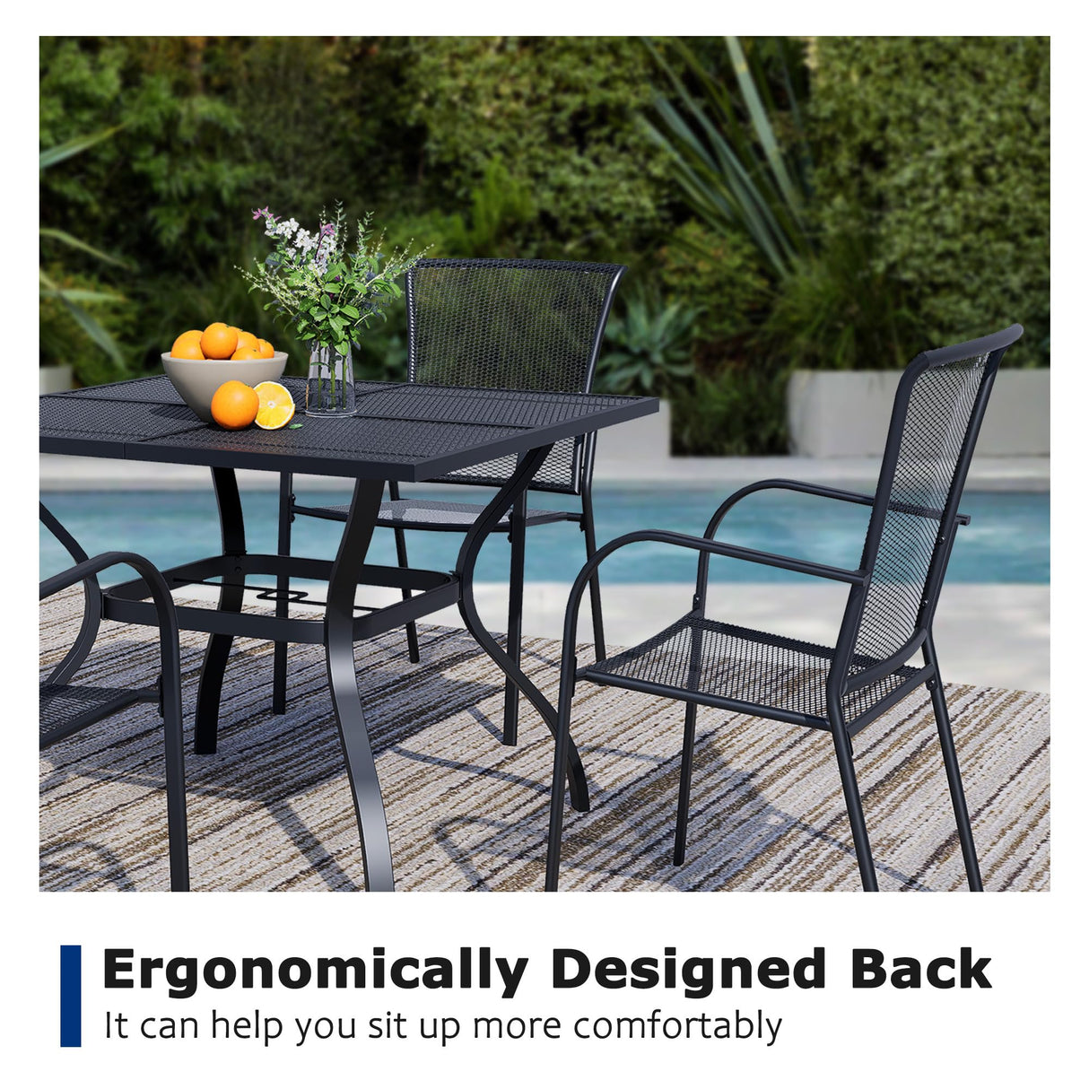 Stabrech 5 Piece Outdoor Dining Set, Patio Table and Chairs Set of 4, 37.5" Black Square Patio Table with 4 Metal Stackable Patio Chairs for Lawn, Garden, Porch Stabrech