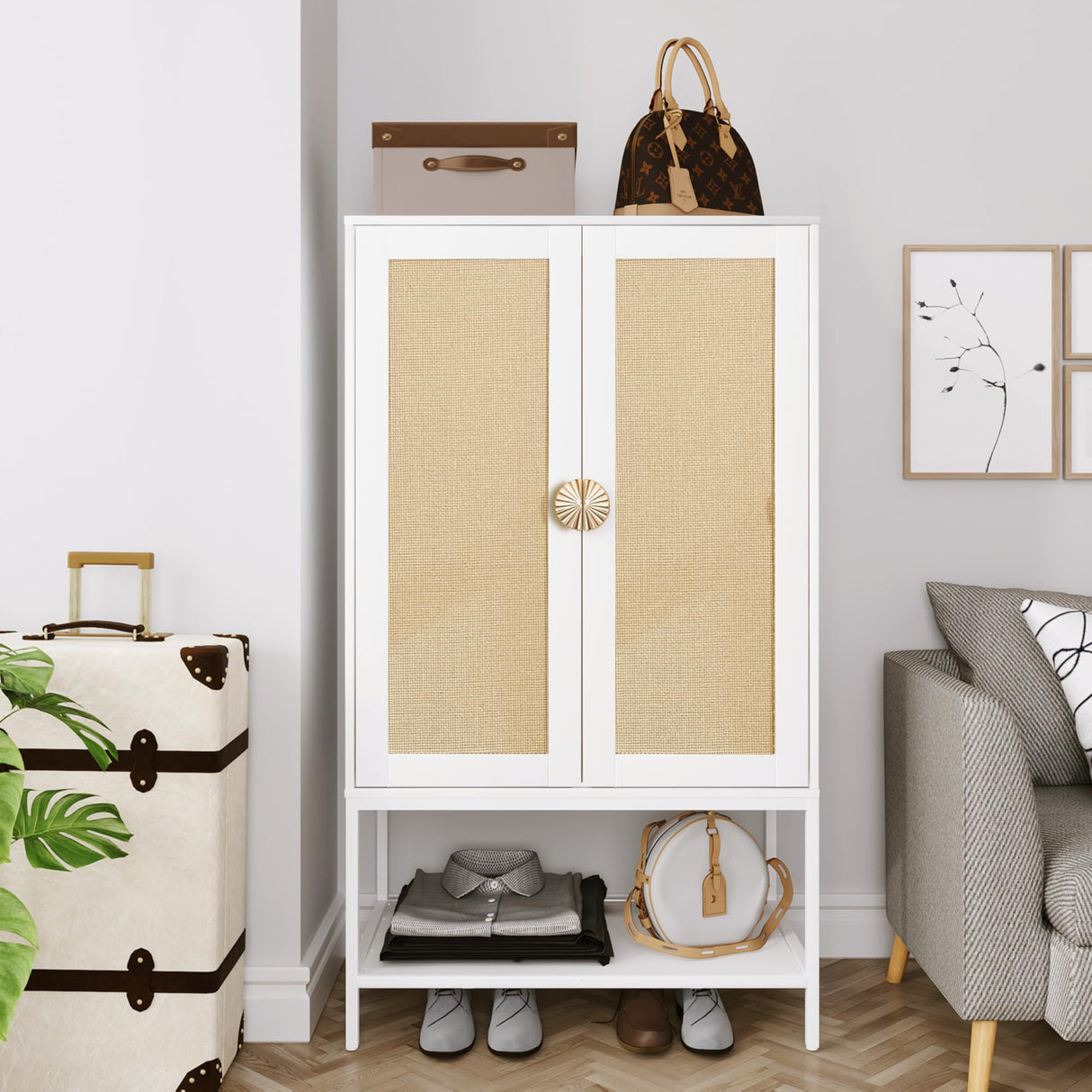 MtuxuYR Wardrobe Closet with Natural Rattan Doors Bedroom Armoires Closet Wardrobe Closets with Metal Frame Wooden Wardrobe Closet for Apartment Small Armoire for Office(White) MtuxuYR