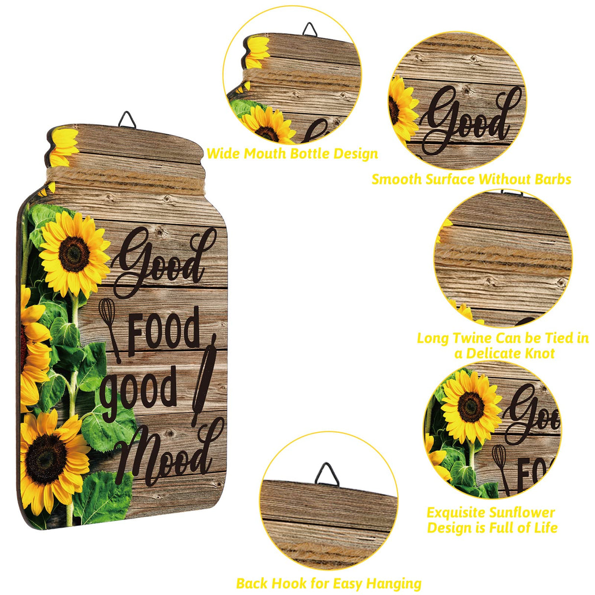 4 Pcs Kitchen Wall Decor Mason Jar Set Wooden Rustic Home Decor Inspirational Kitchen Hanging Farmhouse Wall Signs for Home decoration(Sunflower) Qunclay