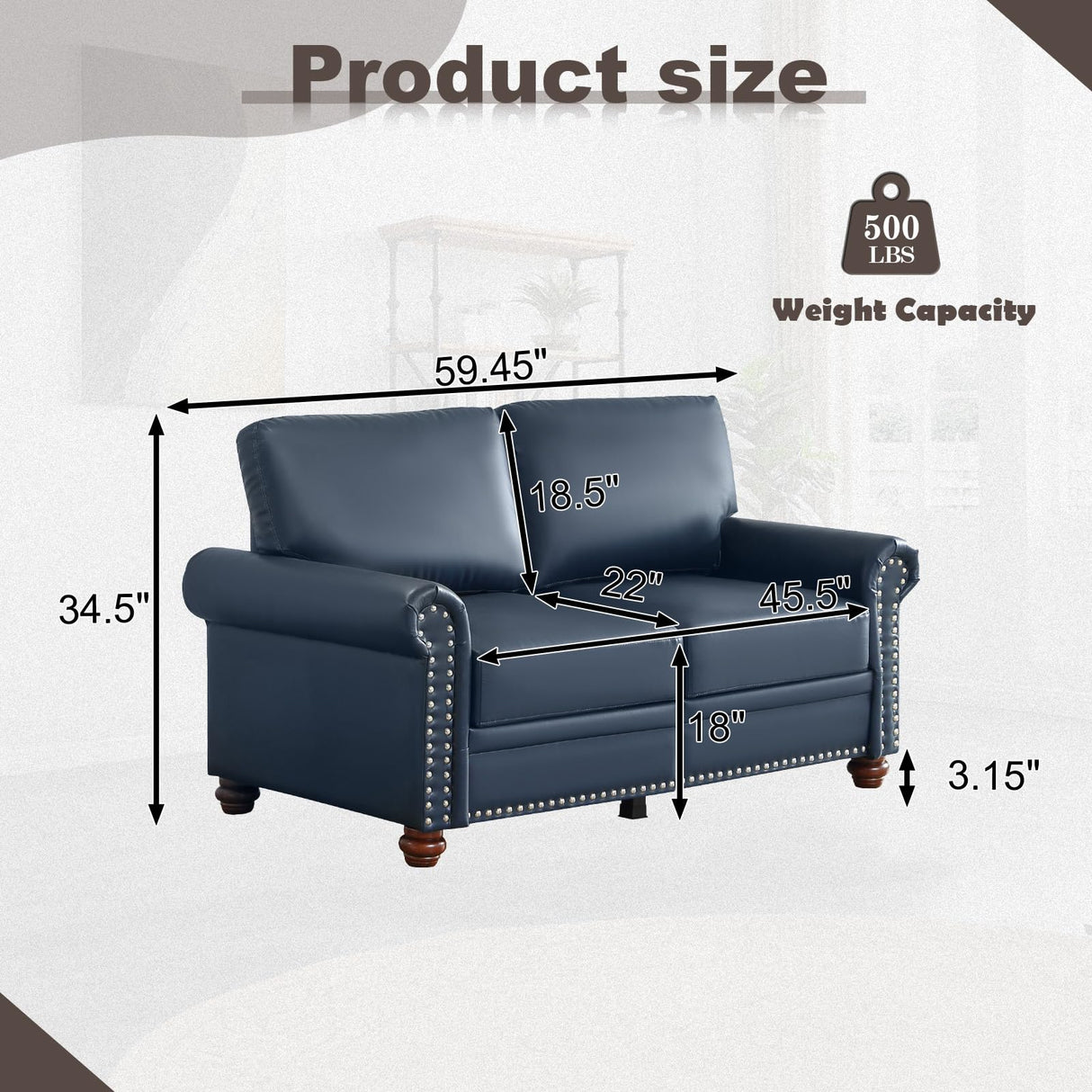Faux Leather Loveseat Sofa, 59"W Mid Century Modern Couch with Storage, Comfy 2 Seater Sofa with Nailhead Trim & Rolled Armrests, Deep Seat Small Couch for Living Room, Apartment, Office (Navy Blue) JEEOHEY
