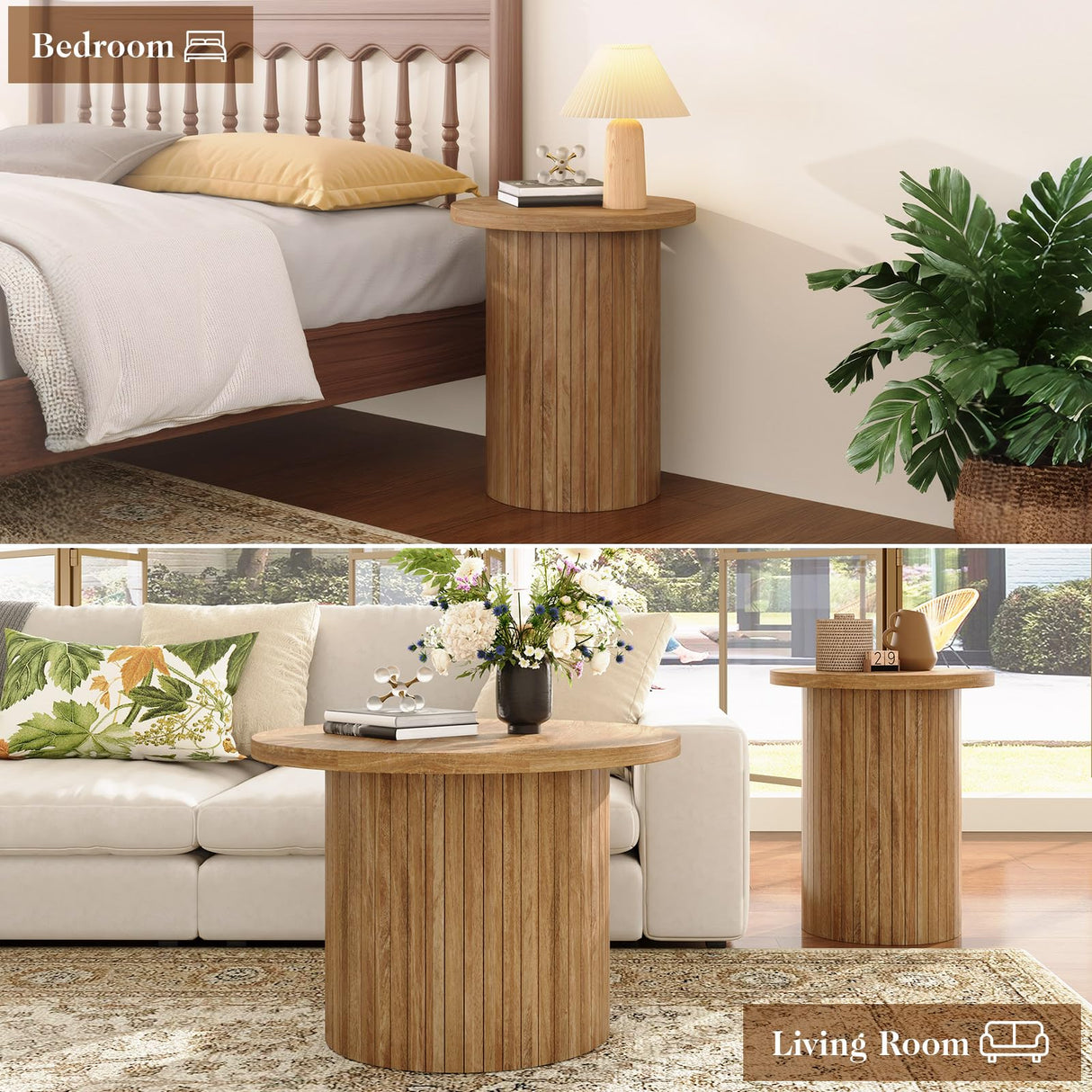 LUXOAK Nesting Coffee Table Set of 2, Mid Century Modern Round Coffee Table, Wood Slat Side Table Set for Living Room, Office, Balcony, Natural Finish LUXOAK