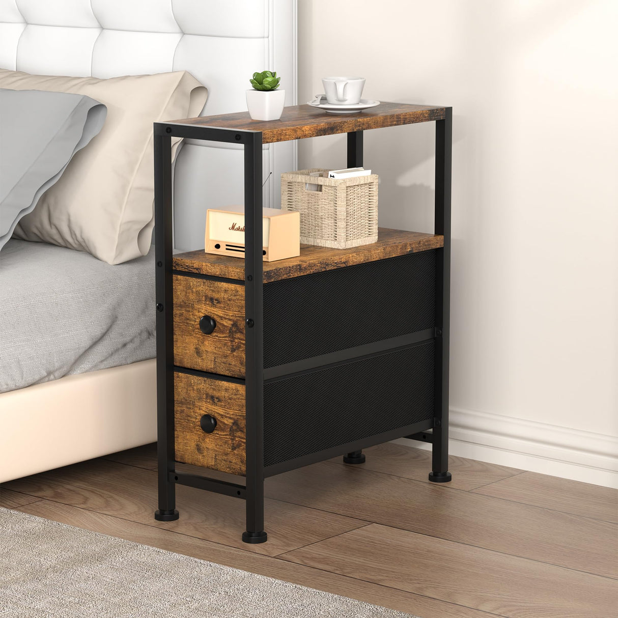 Small Narrow Side Table with Drawers, Skinny End Table for Small Spaces, Slim Nightstand with Storage, Sofa Bedside Table in Living Room, Bedroom, Study, Kitchen and Balcony (Rustic Brown) Homedawn