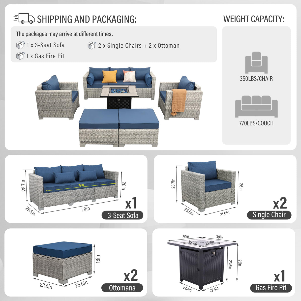 WAROOM Patio Furniture Set 6 Piece Outdoor Patio Set Grey Wicker Balcony Furniture Conversation Sets PE Rattan Couch Sofa with Fire Pit Table, Blue Cushion WAROOM