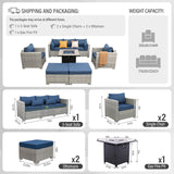WAROOM Patio Furniture Set 6 Piece Outdoor Patio Set Grey Wicker Balcony Furniture Conversation Sets PE Rattan Couch Sofa with Fire Pit Table, Blue Cushion WAROOM