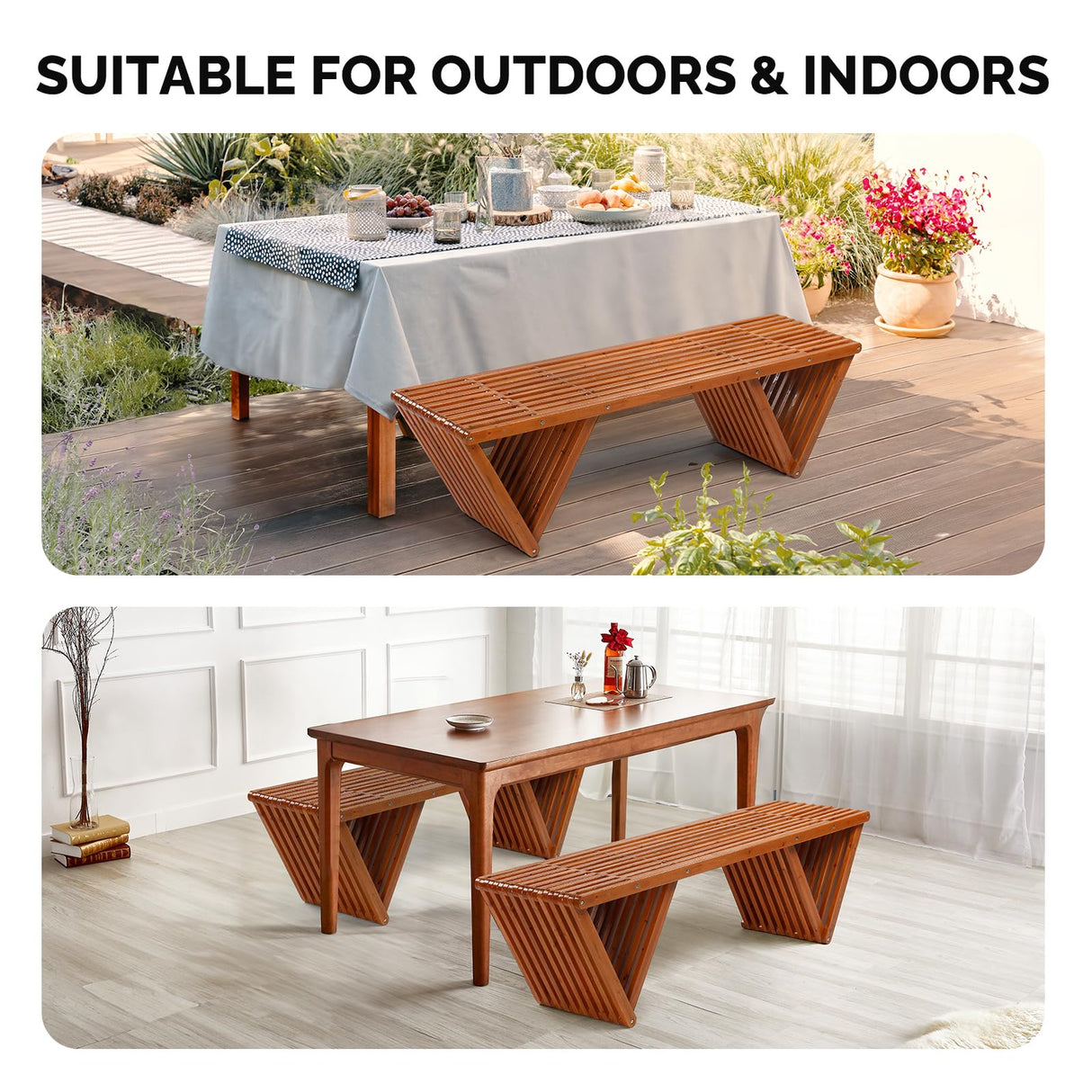 VINGLI Outdoor Wooden Bench, 63" All Weather Patio Bench Porch Bench, 600lb Capacity Outdoor Backless Benches for Yard Park Garden VINGLI