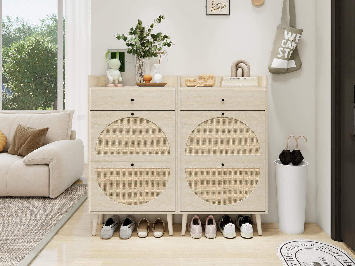 ZeHuoGe Natural Rattan Shoe Cabinet with 2 Flip Drawers, 2-Tier Shoe Rack Storage Cabinet for Heels, Slippers, Free Standing Shoe Rack for Entrance Hallway (Natural) ZeHuoGe