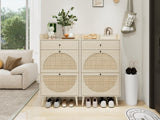 ZeHuoGe Natural Rattan Shoe Cabinet with 2 Flip Drawers, 2-Tier Shoe Rack Storage Cabinet for Heels, Slippers, Free Standing Shoe Rack for Entrance Hallway (Natural) ZeHuoGe
