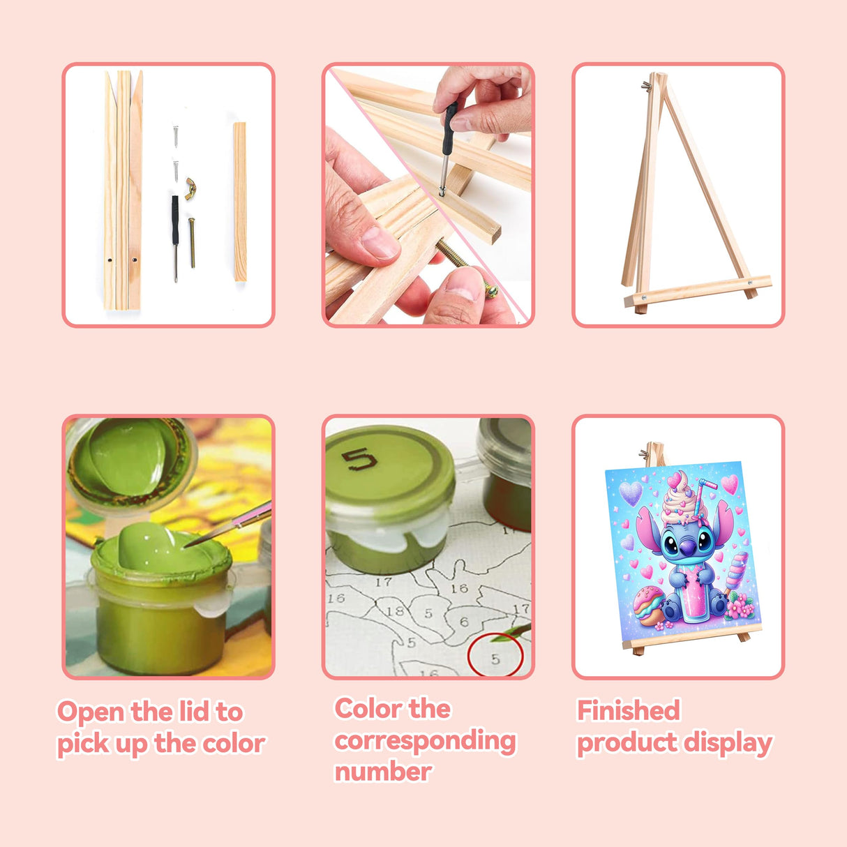 KOJEFCV 4 Pack Cartoon Paint by Numbers for Kids with Framed Canvas-with Wooden Easel, Paint by Number for Kids Ages 4-8-12, DIY Easy Acrylic Oil Painting Kits for Home Wall Decor (8X8inch) KOJEFCV