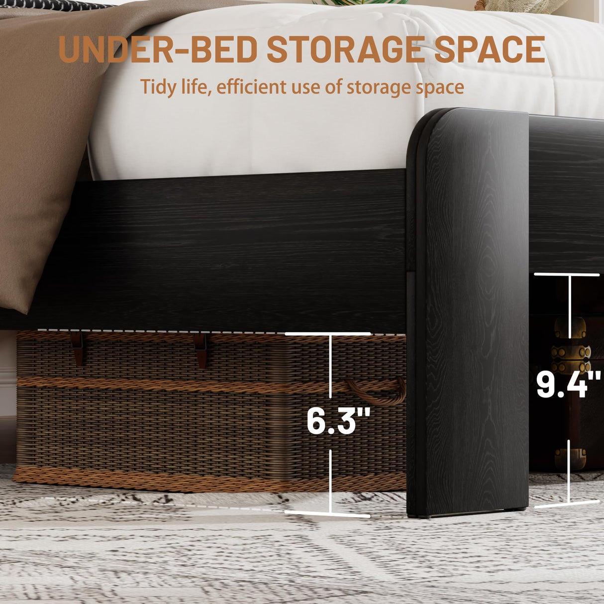 madeslves Wooden Bed Frame King Size with Storage Headboard, Rustic Platform Bedframe with LED Lights & Charging Station, Sturdy Metal Slats Support, Noise-Free, No Box Spring Needed, Black madeslves