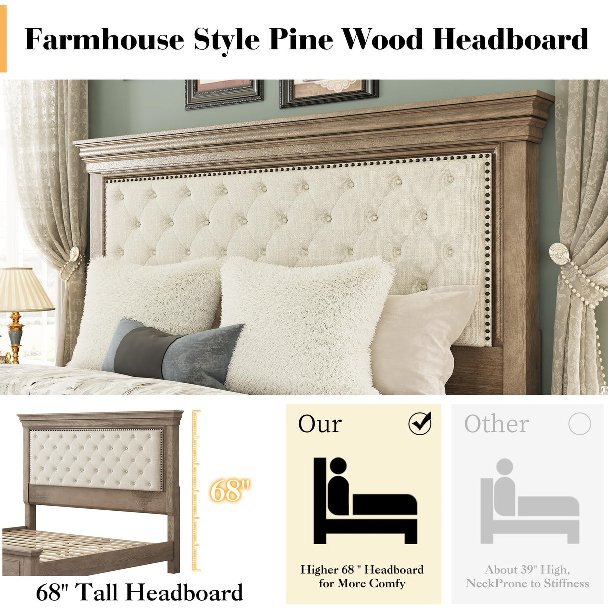 LUXOAK Solid Pine Wood King Bed Frame with 69" High Upholstered Headboard, Transitional Style Platform Bed, No Box Spring Needed & Easy Assembly, Button-Tufted Chenille Fabric, Antique Taupe LUXOAK