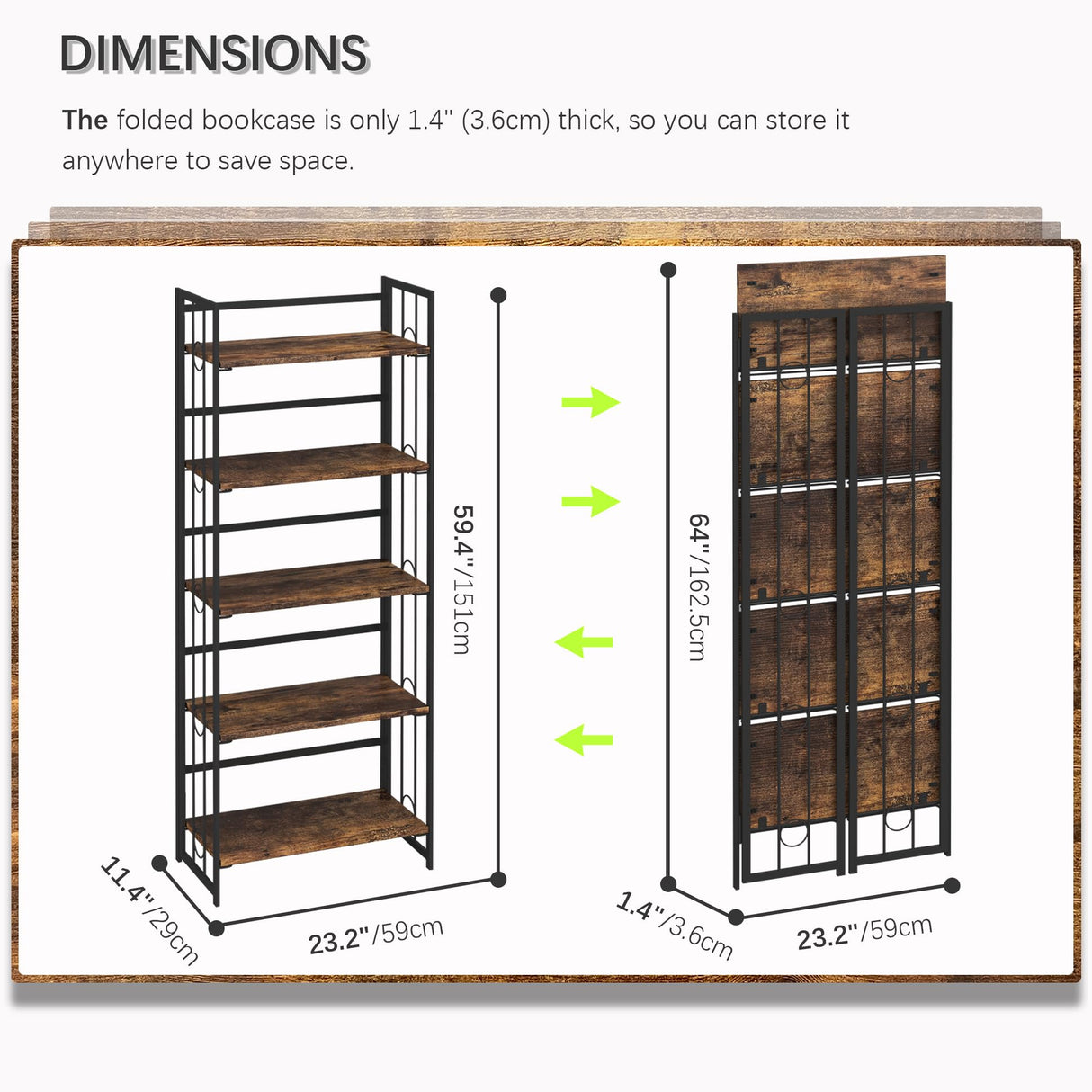 Folding 5-Tier Vintage Bookshelf by 4NM - Rustic Brown and Black Storage Solution 4NM