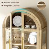 Vlsrka 71" Arched Curio Cabinet with Glass Doors, 4-Shelves Display Cabinet and 2 Drawers, Display Case with 3 Color Lights, Tall Bookcase, Kitchen Pantry, Wood Color Vlsrka