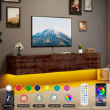 LUXOAK 70" Wall Mounted High Gloss Floating TV Stand with LED Lights & Charging Station,Media Entertainment Center for TVs Up to 80", Modern Woodgrain Floating TV Console for Living Room, Espresso LUXOAK