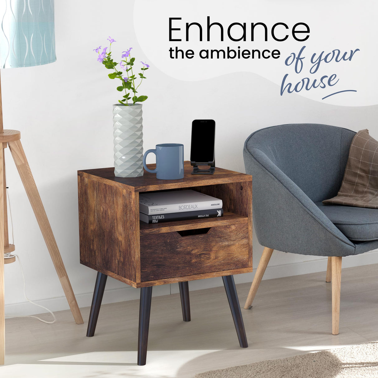 Lifetime Home 2 SET, Mid-Century Modern Nightstand, Wooden Table with Storage Drawer - Bedside Table for Bedroom or End Table for Living Room, Dark Natural Wood Accent Decor - Rustic Brown Lifetime Home