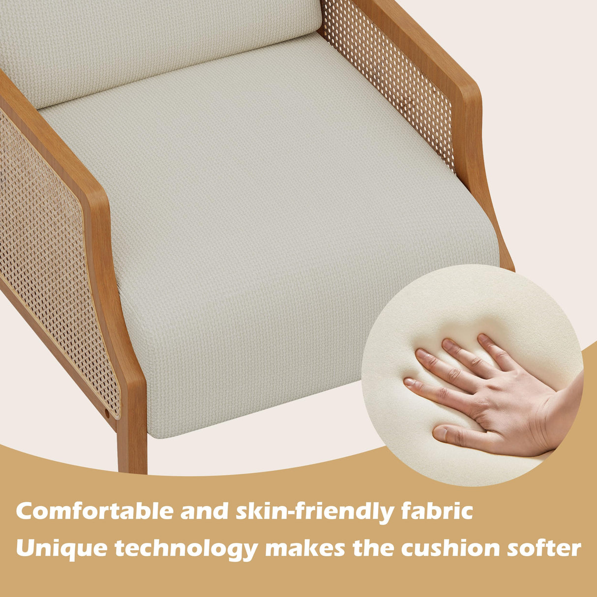 Aklaus Mid Century Accent Chair with Rattan Armrest, Upholstered Living Room Chairs Lounge Fabric Reading Chairs Side Sitting Farmhouse Chair for Living Room, Bedroom, Balcony, Beige Aklaus