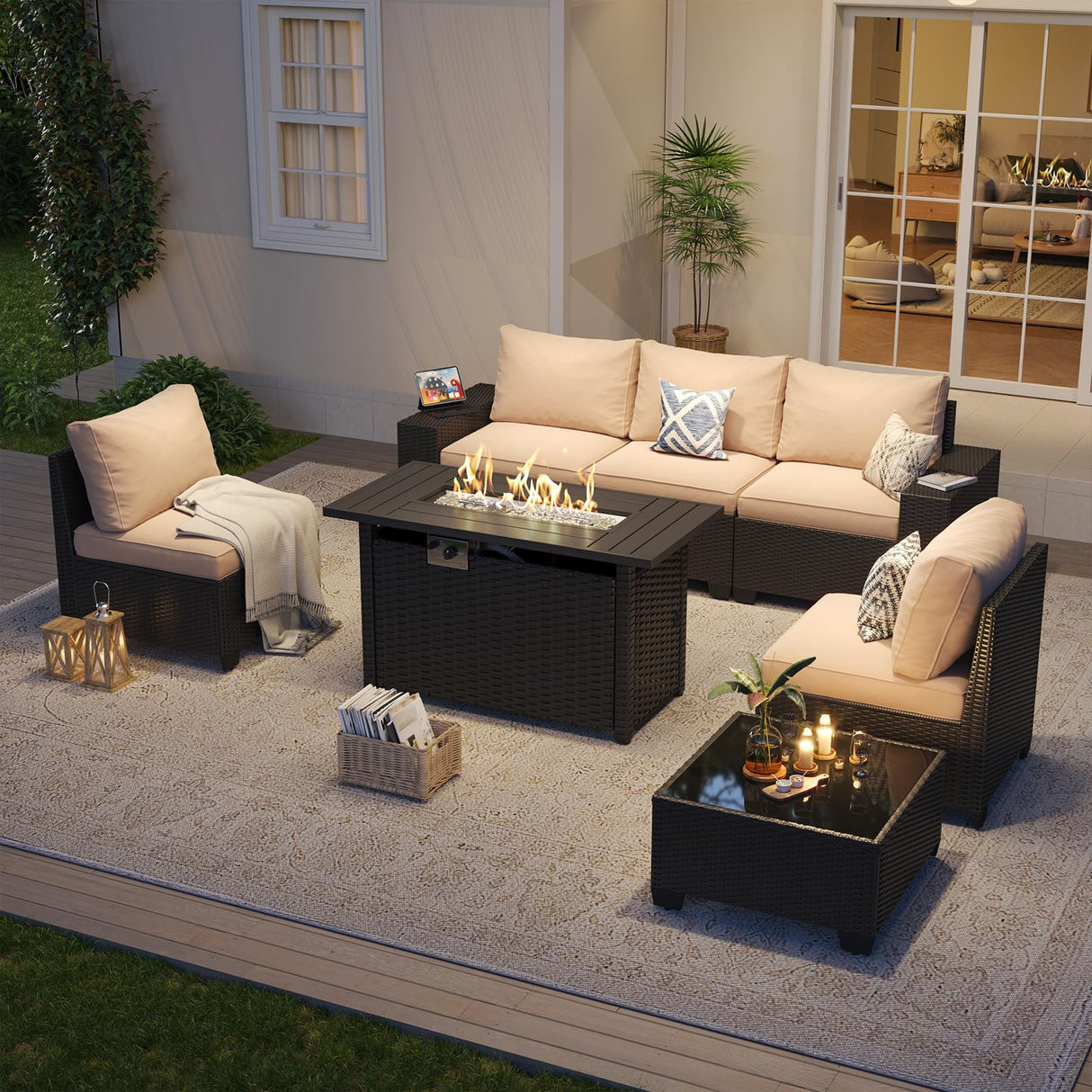 Aoxun Patio Furniture Set with 44'' Fire Pit Table, 7 Pcs Outdoor Patio Furniture Sets with 4in Thicken Cushion, Widen Armrests Wicker Outdoor Sectional for Backyard Aoxun