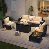 Aoxun Patio Furniture Set with 44'' Fire Pit Table, 7 Pcs Outdoor Patio Furniture Sets with 4in Thicken Cushion, Widen Armrests Wicker Outdoor Sectional for Backyard Aoxun