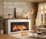 PRAISUN 70'' Fireplace TV Stand with 42'' Electric Fireplace, Farmhouse TV Stand for 65 75 Inch TV, Entertainment Center TV Console with 3 Drawers, Fluted Design, for Living Room, Distressed White PRAISUN