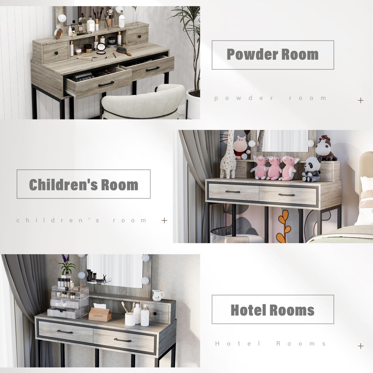 RoyalCraft Vanity, Makeup Vanity Desk with 3 Color Dimmable Lighted Hollywood Mirror, Grey Vanity with 4 Drawers, Large Dressing Table for Women RoyalCraft