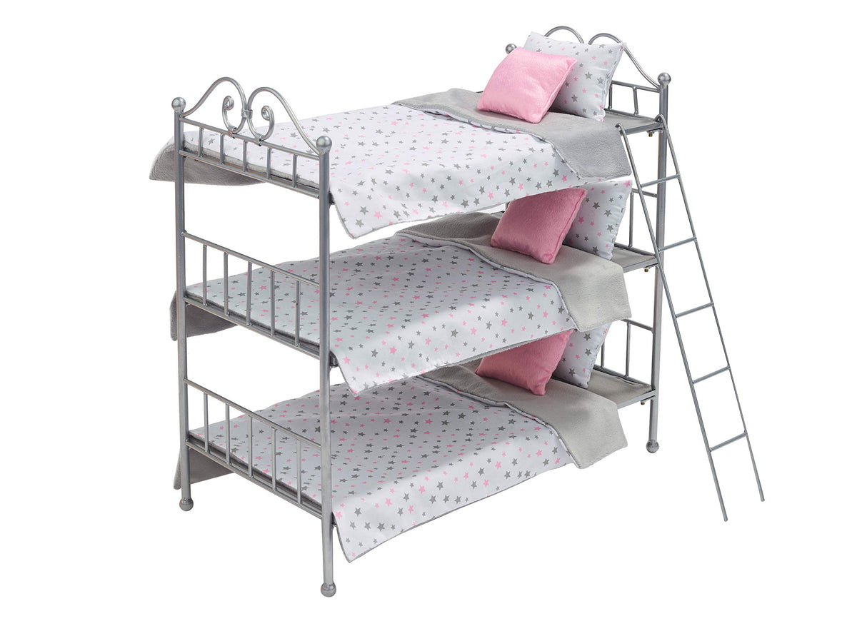 Badger Basket Scrollwork Metal Triple Doll Bunk Bed with Ladder and Bedding – Stylish Silver and Pink Stars Design for 18-Inch Dolls Badger Basket