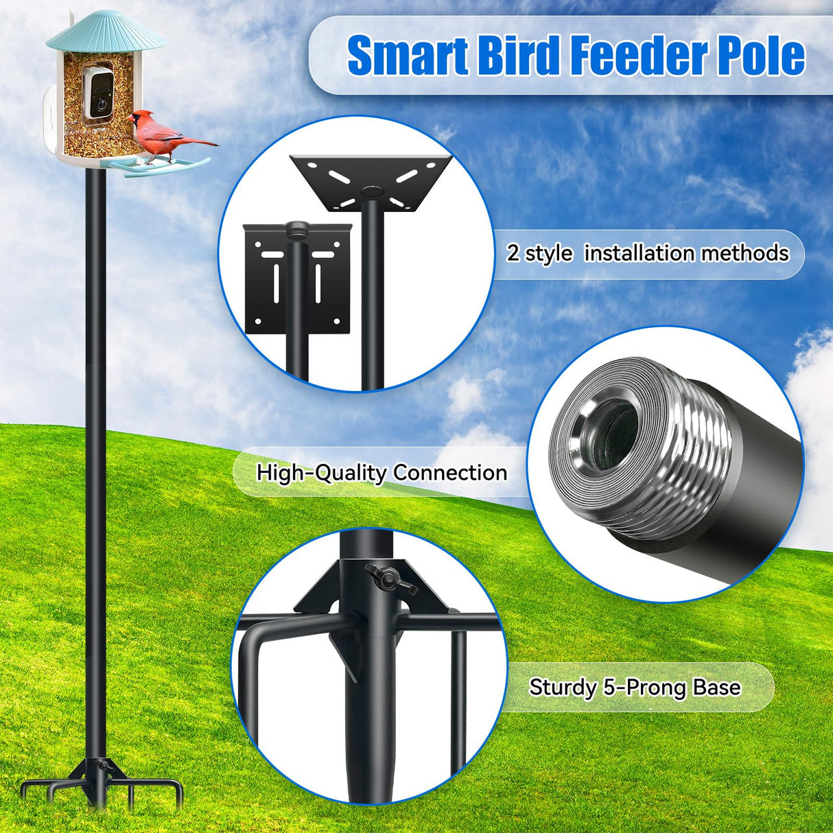 QwayHome Upgrade 80In Smart Bird Feeder Pole, Outdoor Bird House Poles Mount Kit for Bird Buddy Feeder & Wooden Bird House, Adjustable Heavy-Duty Birdhouse Pole Stand Post Set with 5-Prong Base QwayHome