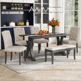 Farmhouse Dining Table Set for 6, Kitchen Table Set with Chairs and Bench, 6 Piece Solid Wood Dining Room Set with Trestle Table Legs for Kitchen, Dining Room (Antique Grey) Mirightone