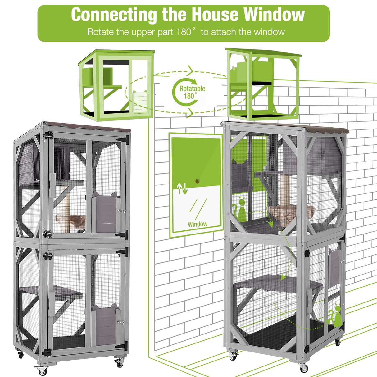 GUTINNEEN Catio Outdoor Cat Enclosure on Wheels - Outside Kitty House with Upgraded Resting Box, PVC Layer, and Waterproof Roof - 62.5" GUTINNEEN