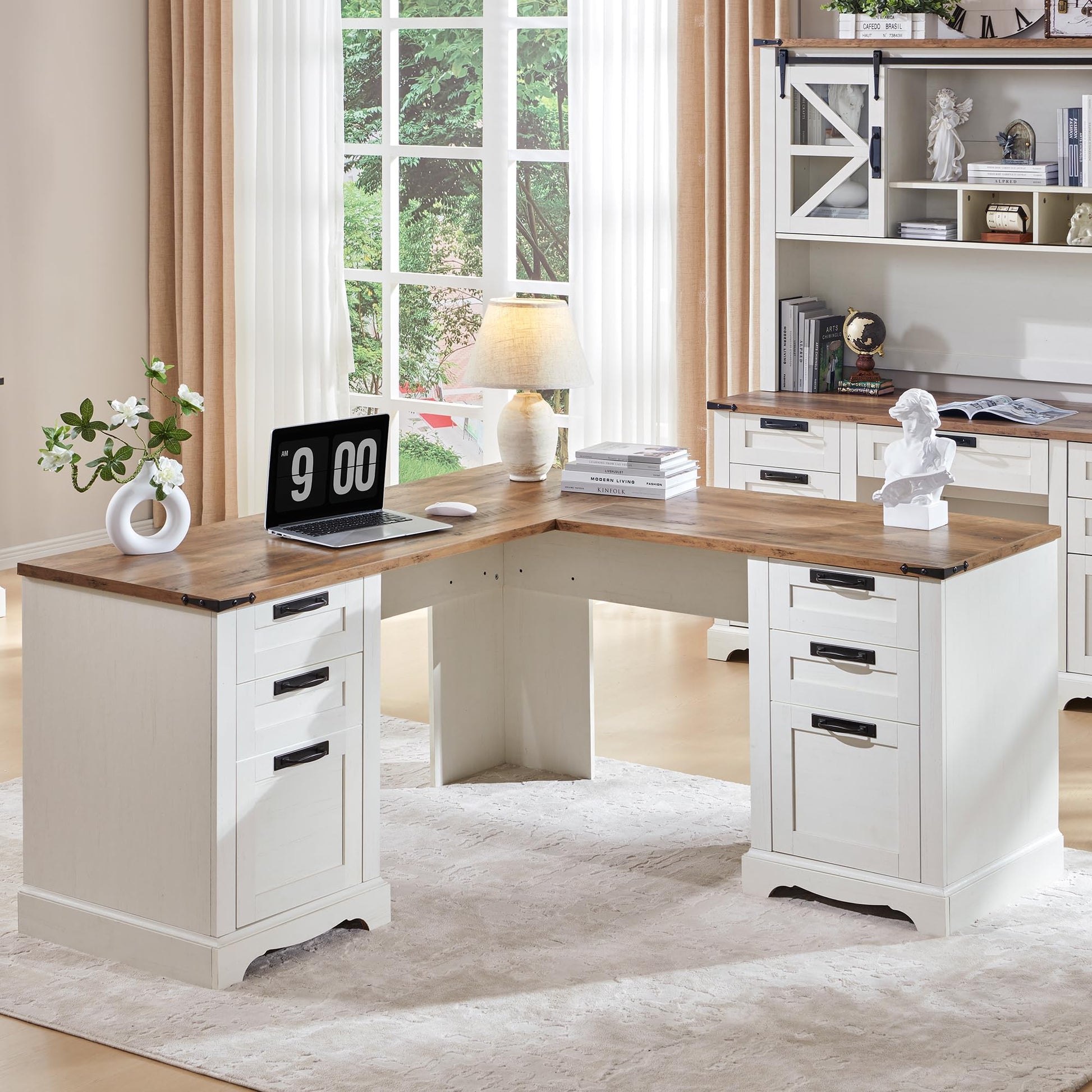 RedLemon 60" Farmhouse L Shaped Executive Desk with Drawers, Wood Home Office Corner Desk with Charging Station, File Drawer, Storage Cabinet, Rustic Computer Writing Desk (Antique White) - WoodArtSupply