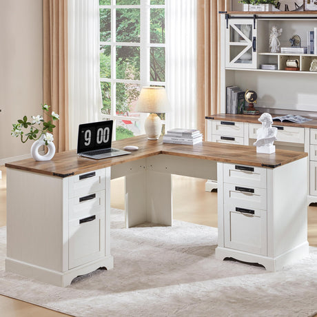 RedLemon 60" Farmhouse L Shaped Executive Desk with Drawers, Wood Home Office Corner Desk with Charging Station, File Drawer, Storage Cabinet, Rustic Computer Writing Desk (Antique White) RedLemon