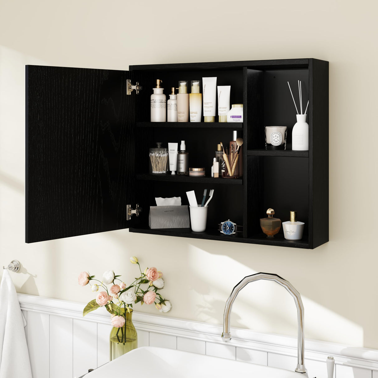 Giantex Medicine Cabinet, Bathroom Wall Cabinet with Mirror Door, 2 Adjustable Shelves, 2 Open Shelves, Vanity Mirrored Cabinet, Over The Toilet Storage Cabinet for Laundry Room Entryway, Black Giantex