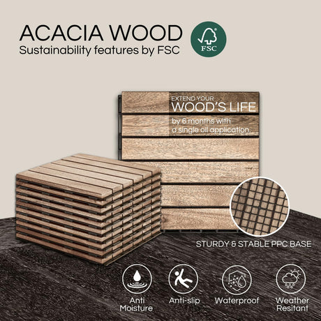 THYOI 10 Pcs Interlocking Deck Tiles, Waterproof Acacia Wood Patio Flooring for Balcony & Outdoor Use (White, 10 Pcs - 12.1 Square Ft) THYOI