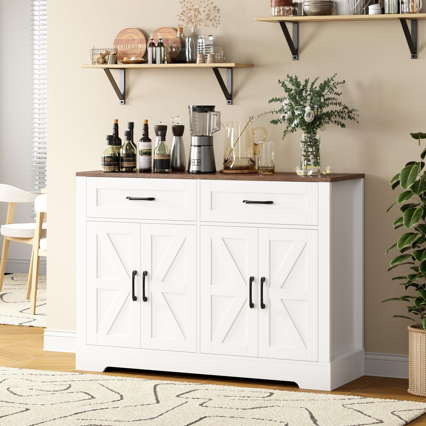 BOTLOG Farmhouse Buffet Cabinet with Storage, 47.2" Storage Cabinet with Drawers, Barn Doors, Sideboard, Bar Cabinet for Kitchen, Dining Room, Hallway, White - WoodArtSupply