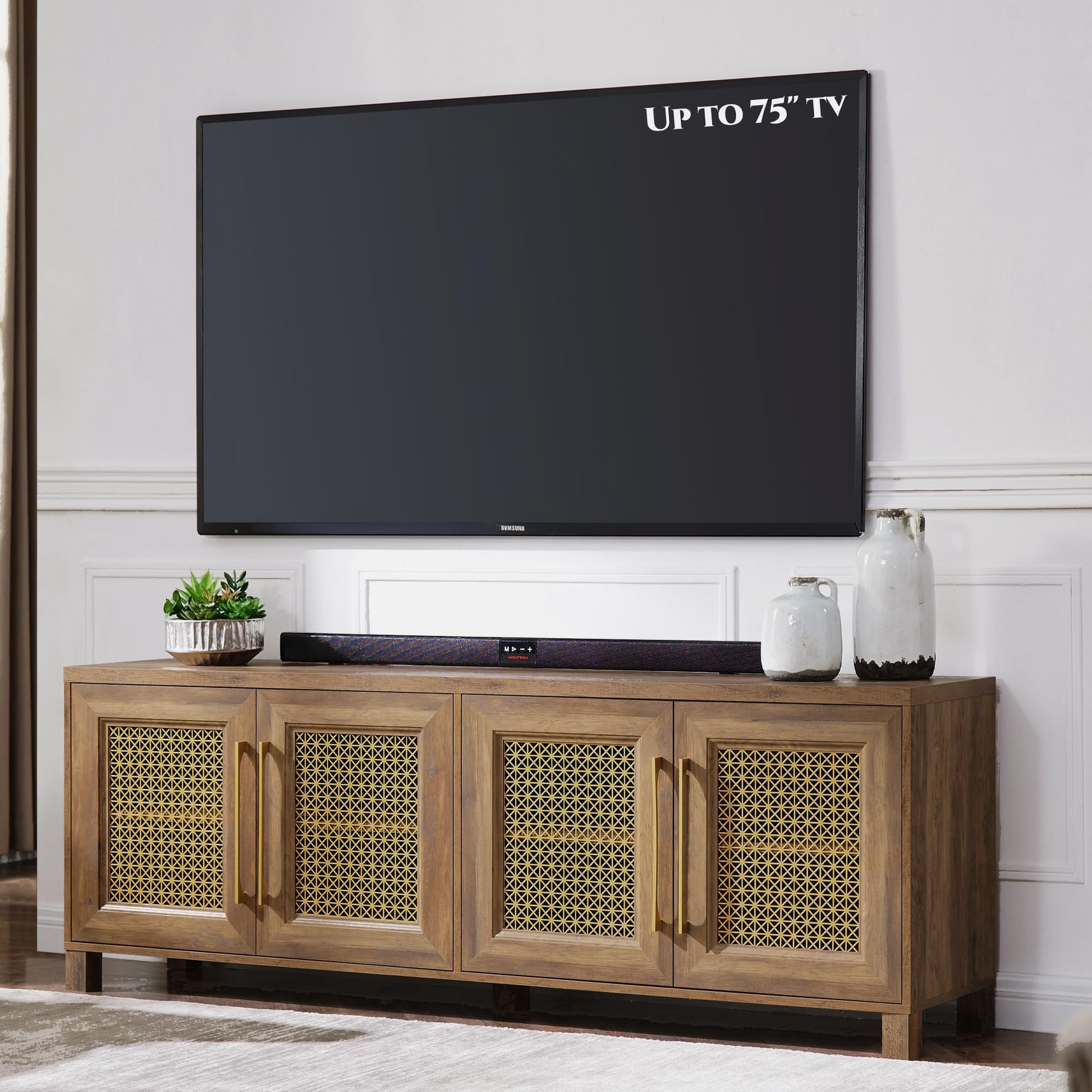 JYED Mid Century Modern TV Stand for TVs up to 75 Inch, with Hollow Metal Mesh Decorated，Boho TV Console with Storage Cabinet,Cable Holes, TV Stand for Living Room, 69.5"x15.6"x24.8", Rustic - WoodArtSupply