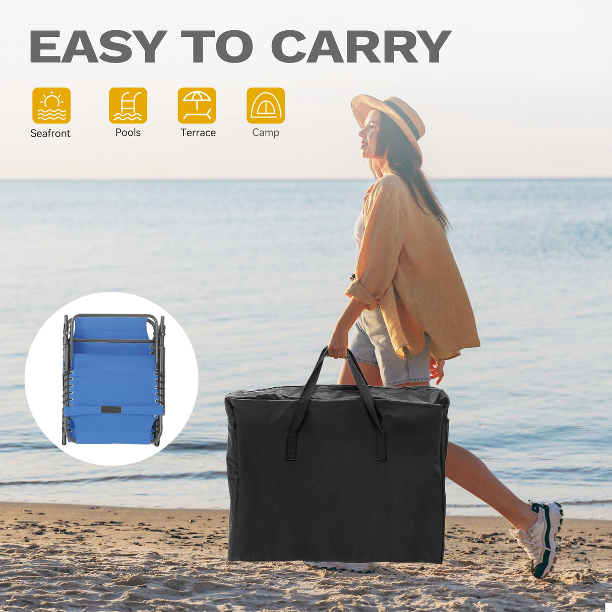 DWVO Patio Lounge Chair, Portable Recliner Lounge Chair Folding Camping Cot, Reclining Chairse Lounge 5 Posistion Adjustable w/Head Pillow & Portable Handbag for Camping, Pool, Beach and Patio, Blue DWVO