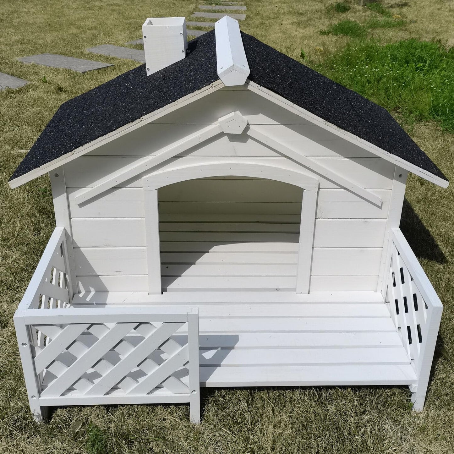 Critter Sitters 27'' Pet House with Porch, Weather-Resistant Dog House for Animals up to 44 Pounds, Waterproof Outdoor Dog House, Ideal for Cats, Dogs, and Rabbits, White Fir Wood Dog Houses