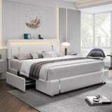 Keyluv Queen Bed Frame with RGB LED Lights Headboard & 2 Storage Drawers, Modern Upholstered Faux Leather Smart Platform Iron Metal Decor, USB USB-C Charging Ports, No Box Spring Needed, White Keyluv