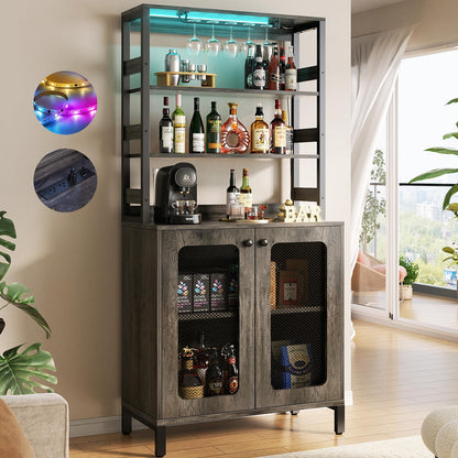 Aheaplus Bar Cabinet with Power Outlets, 67" Tall Wine Bar Cabinet Liquor Cabinet with LED Lights and Glass Holder, Coffee Bar Station for Living Room, Microwave Stand Bakers Rack Cabinet, Black Oak