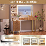 DAMCROP 44 Inch Vanity Desk with 32'' Lighted Mirror & Charging Station, Dressing Table with Modern Fluted Design Glass Top 5 Drawers, 3 Shelves Makeup Vanity Set for Bedroom Dressing Room(White) DAMCROP