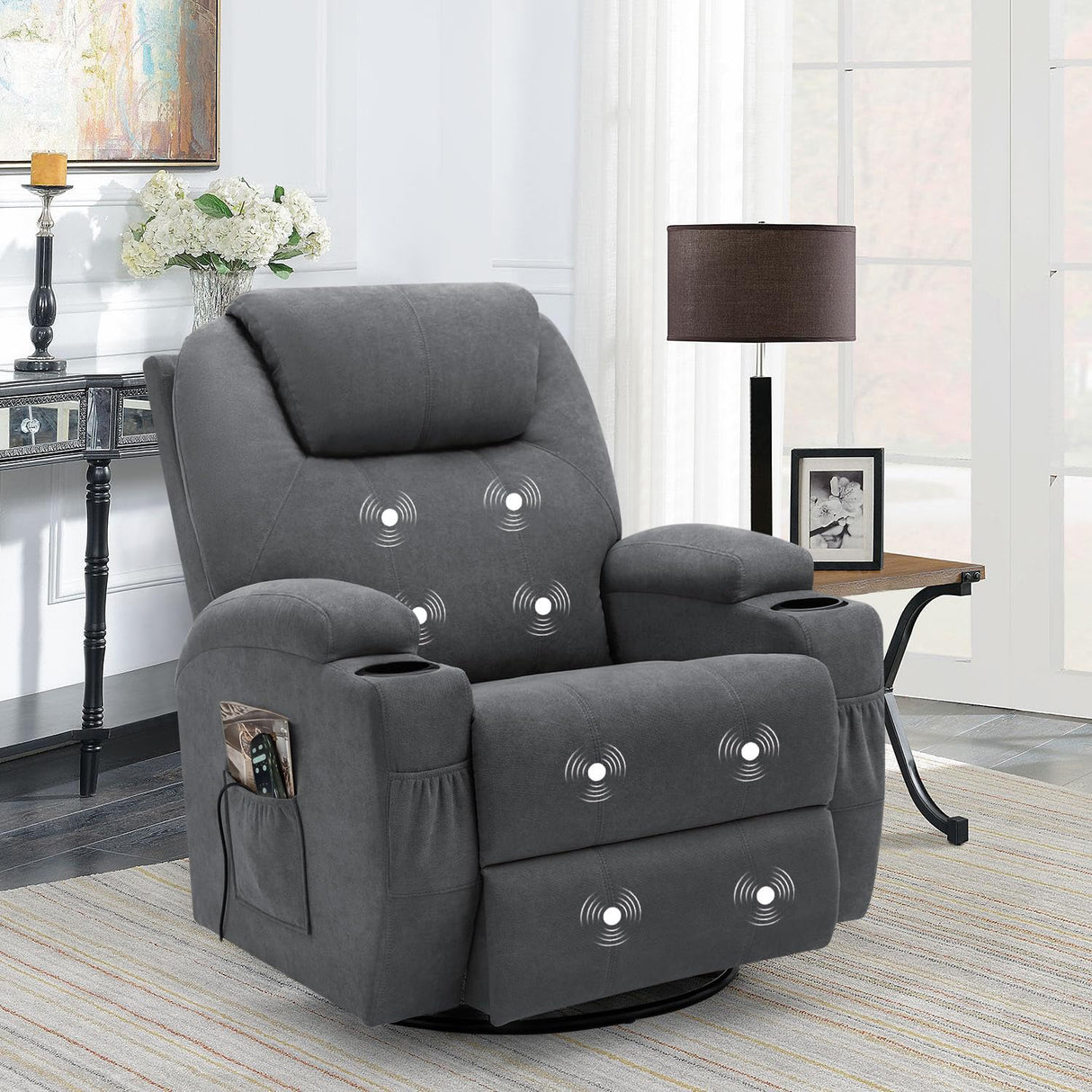 Flamaker Rocking Chair Recliner Chair with Massage Swivel Ergonomic Lounge Chair Classic Single Sofa with 2 Cup Holders Side Pockets Living Room Chair Home Theater Seat (Gray) Flamaker