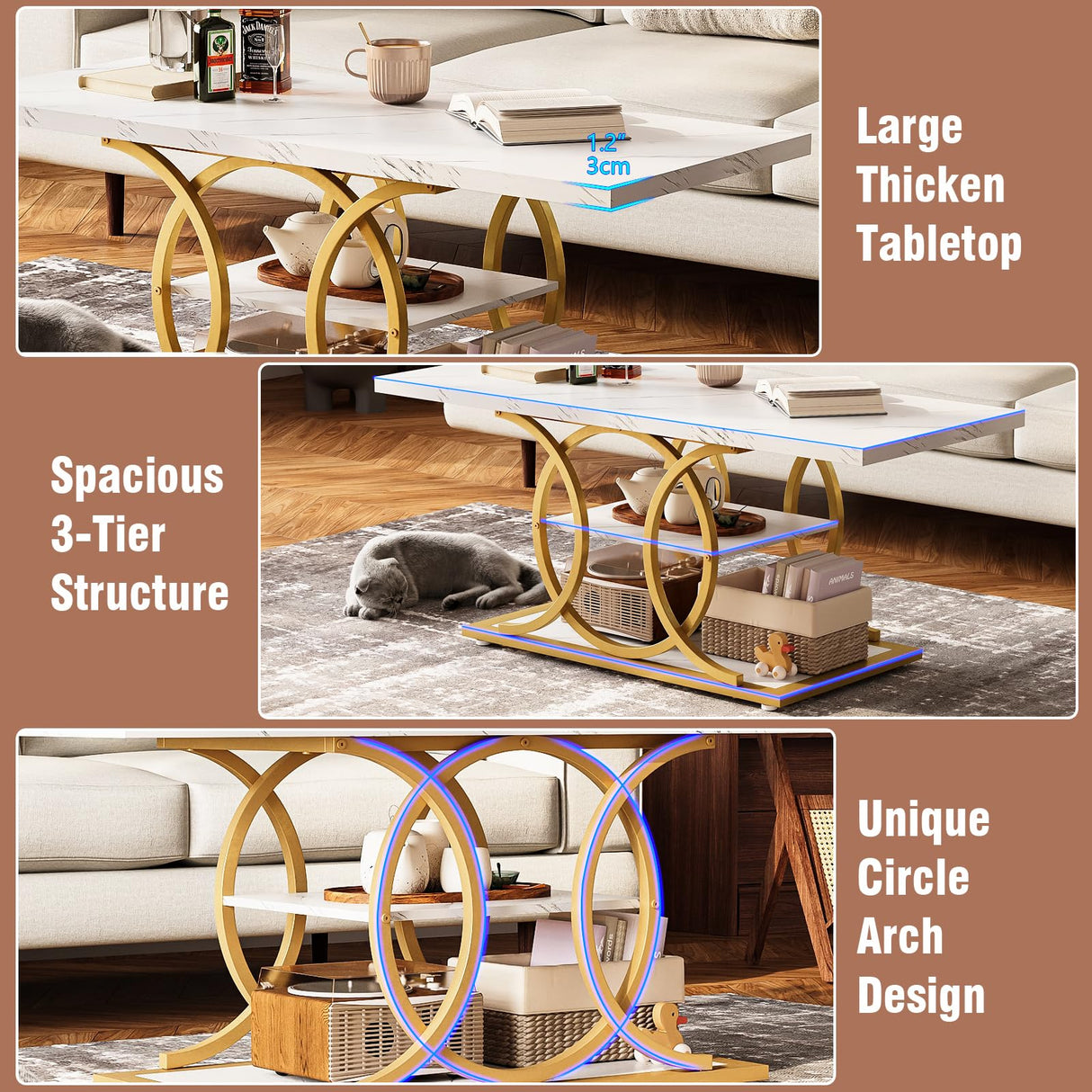 GiftGo Rustic Coffee Table with Storage Modern 3 Tier Center Living Room Table Faux Marble Wooden Rectangle Cocktail Tea Table for Office Bedroom Elegant Full Moon Design (White Gold, L-47) GiftGo