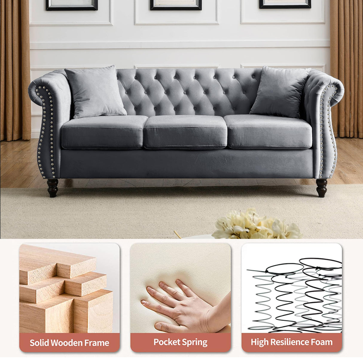 ATUMON 2 Piece Chesterfield Velvet 80“ 3-Seater and 59" Loveseat Sofa Set,Tufted Couch with 4 Pillows,Rolled Arms and Nailhead for Living Room, Bedroom, Office Grey ATUMON