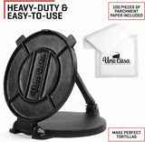 Uno Casa Cast Iron Tortilla Press 8 Inch - Tortilla Maker Press, Pre-Seasoned Roti Maker with 100 Pcs Parchment Paper - Heavy Duty Quesadilla Maker for Homemade Flatbreads, Rotis, Empanadas Uno Casa