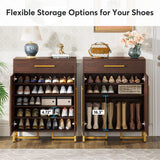 Tribesigns Shoe Cabinet with Doors, 20 Pairs Shoe Storage Cabinet with Drawer for Entryway, Modern Shoe Rack Organizer with Shelves for Hallways Bedroom Living Room, Walnut and Gold Tribesigns