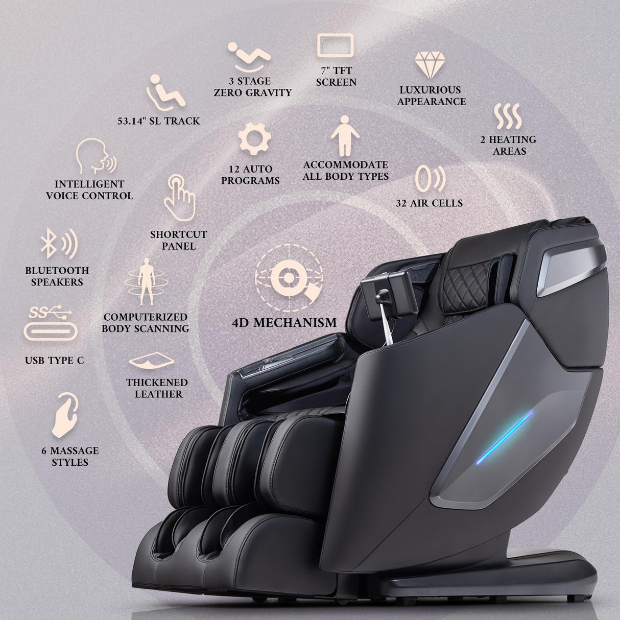 4D Massage Chair, Full Body Massage Chair, Zero Gravity Recliner w/Intelligent Voice Control, 53.14" SL Track, Electric Calfrest Extension, 12 Auto Modes, USB Type-C, Bluetooth Speaker, TFT Screen Mazzup