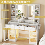 Makeup Vanity Desk with Mirror and Lights, Glass Top Vanity Table Set with Drawers & Power Outlet, Large Dressing Table with 3 Color Lighting Modes & RGB Cabinets for Women Girls Kids Bedroom, White Xixini